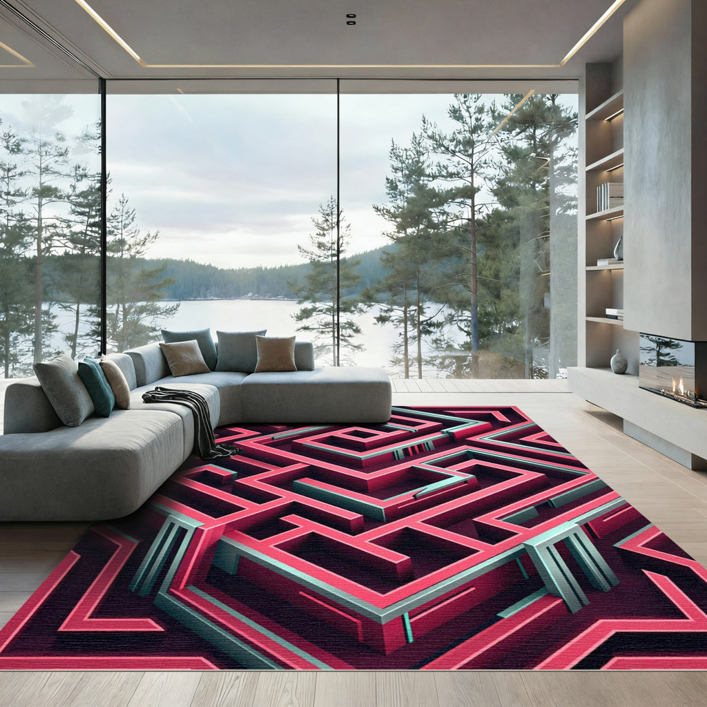 Modern Crimson Teal Geometric Labyrinth Rug