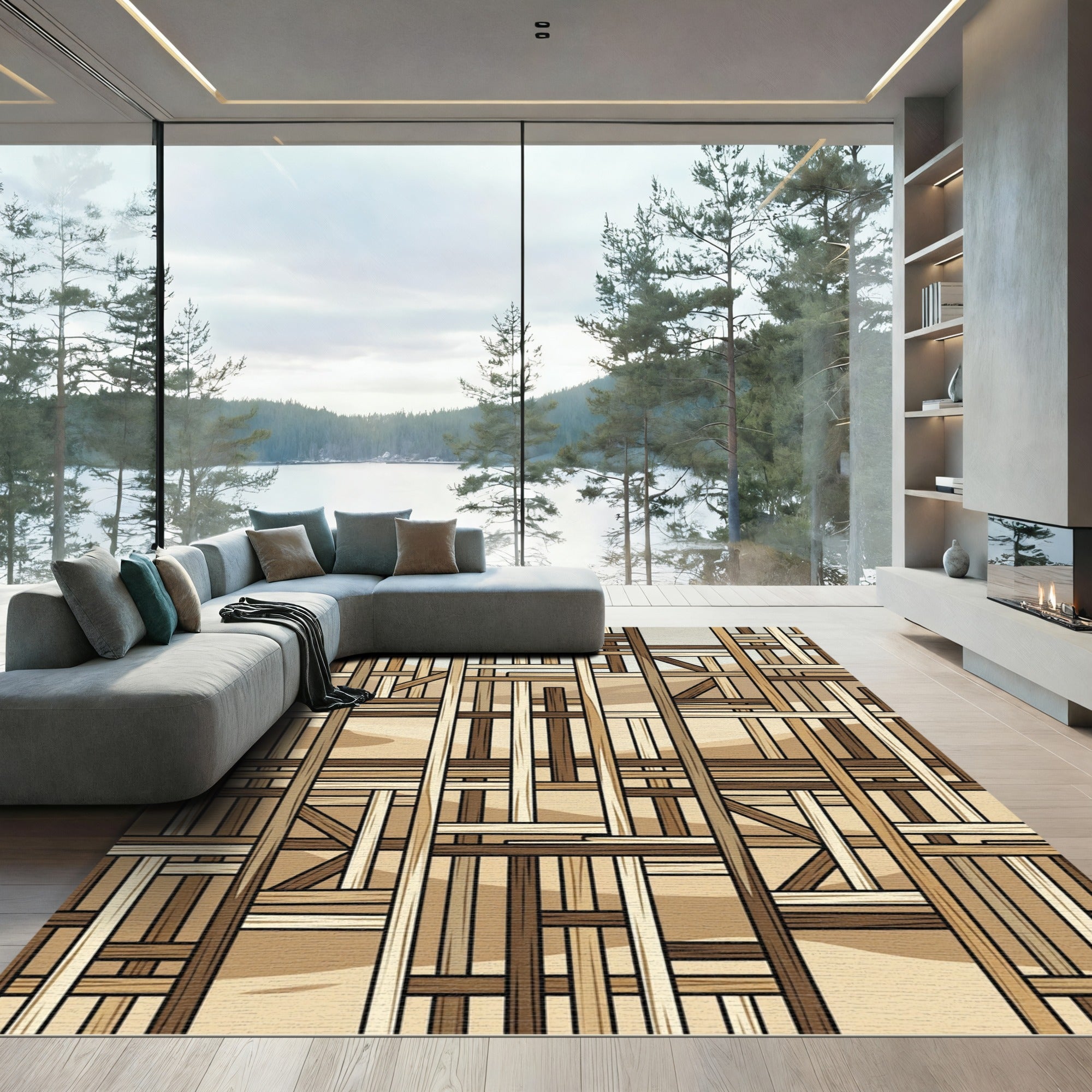 Modern Woven Wood Lattice Earthy Tones Rug