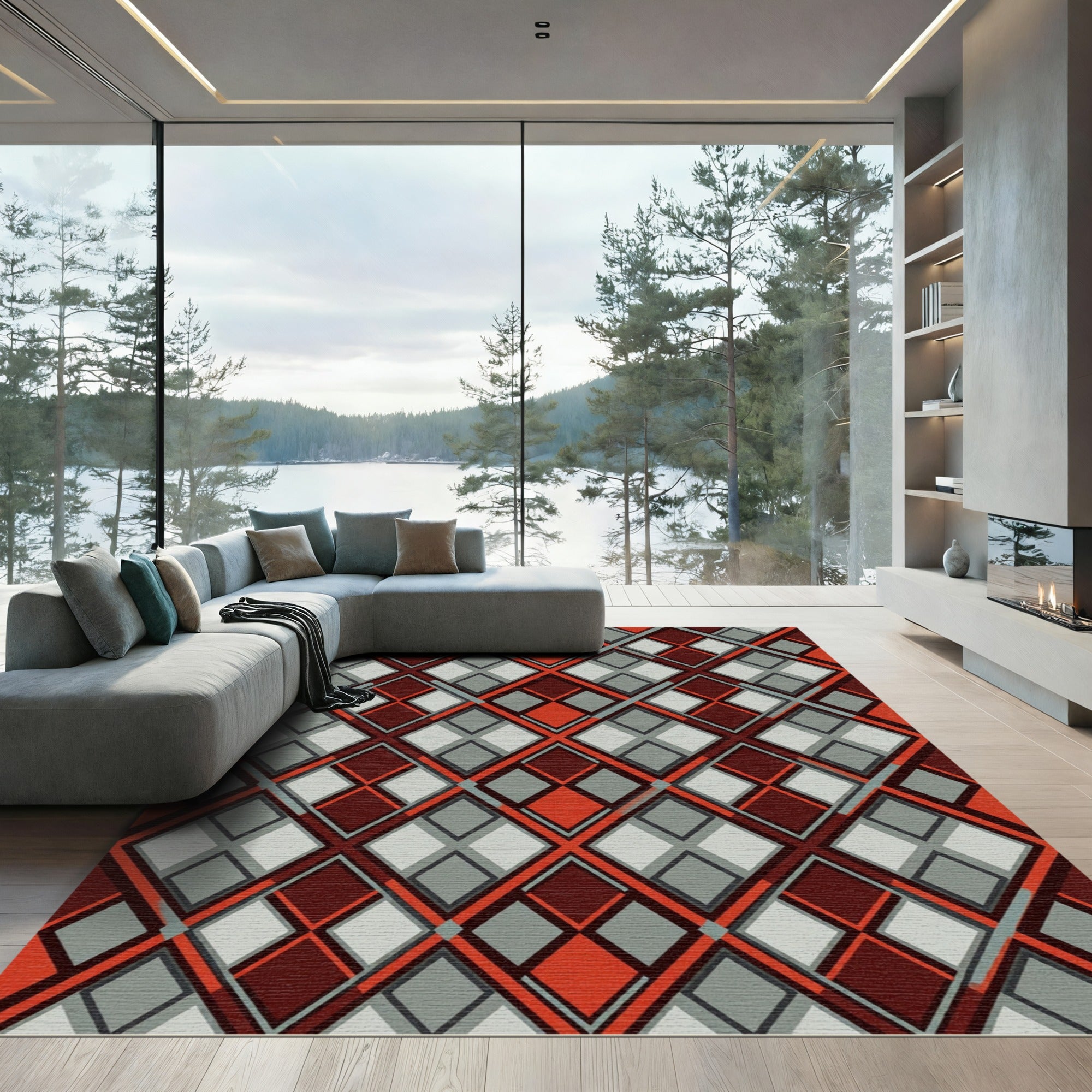 Crimson Grey Diamond Plaid Rug