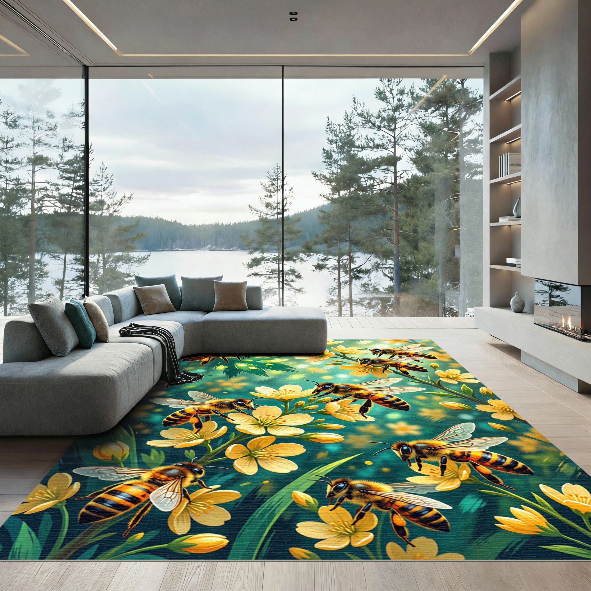 Vibrant Golden Bee and Floral Meadow Rug