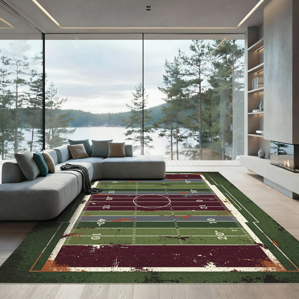 Weathered Gridiron Distressed Football Field Rug