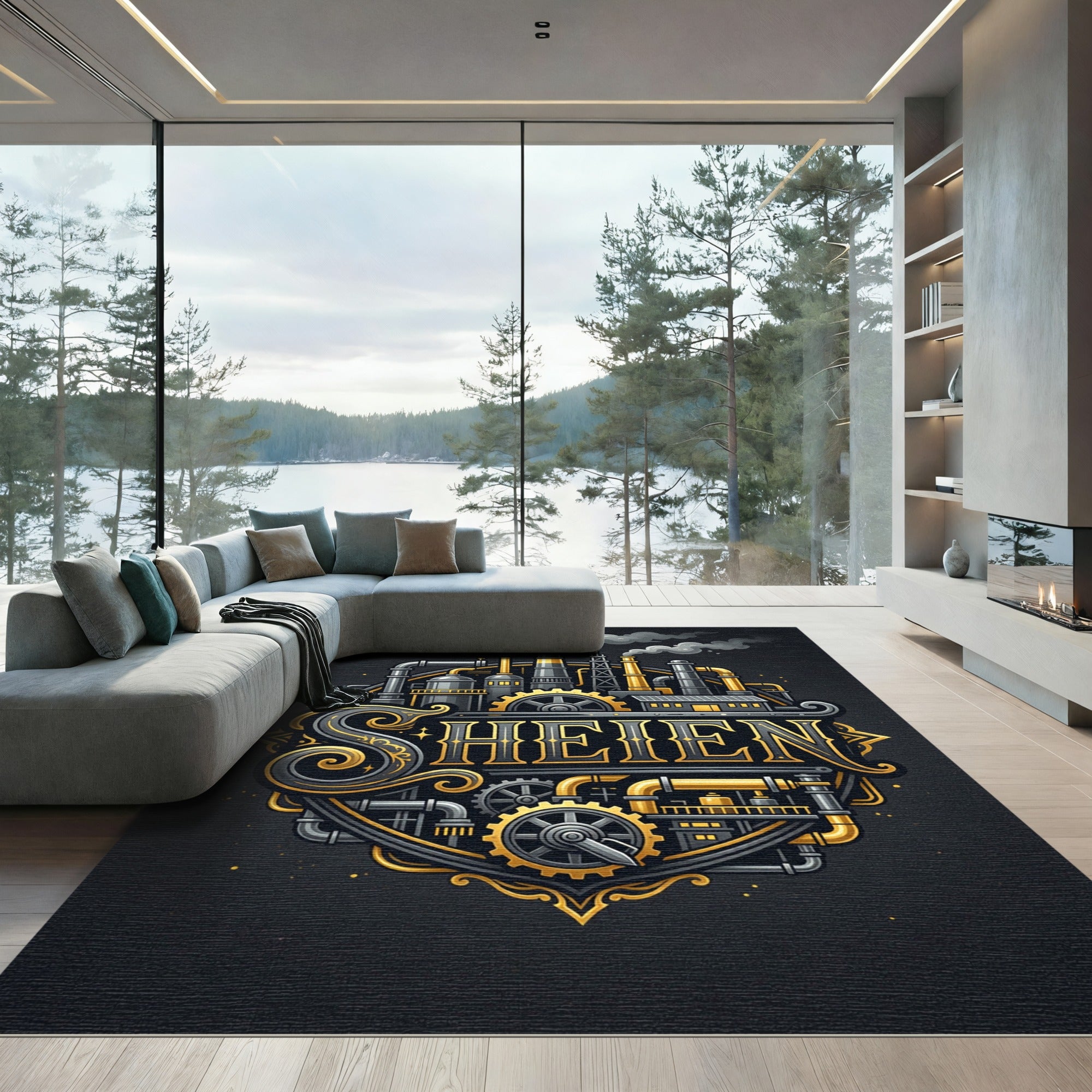 Steampunk Industrial Golden Cog Mechanical Art Rug