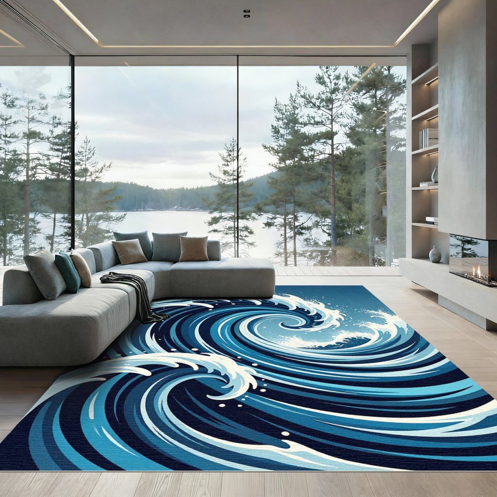 Deep Blue Swirling Ocean Wave Rug