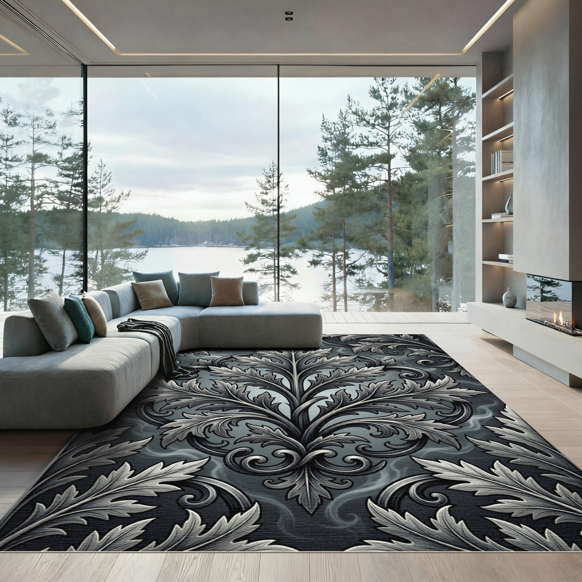 Elegant Charcoal Silver Acanthus Scroll Rug
