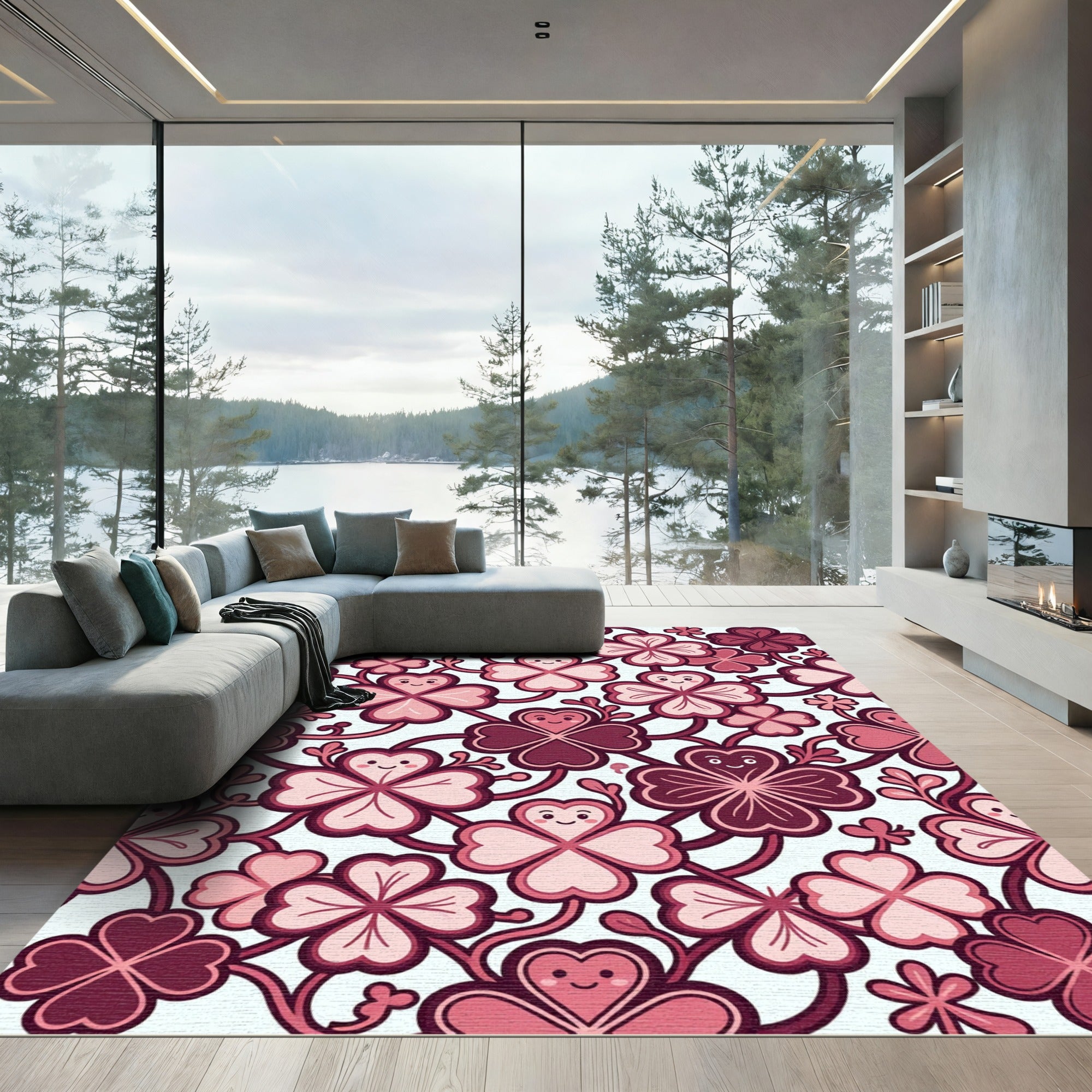 Whimsical Pink Heart Four Leaf Clover Rug