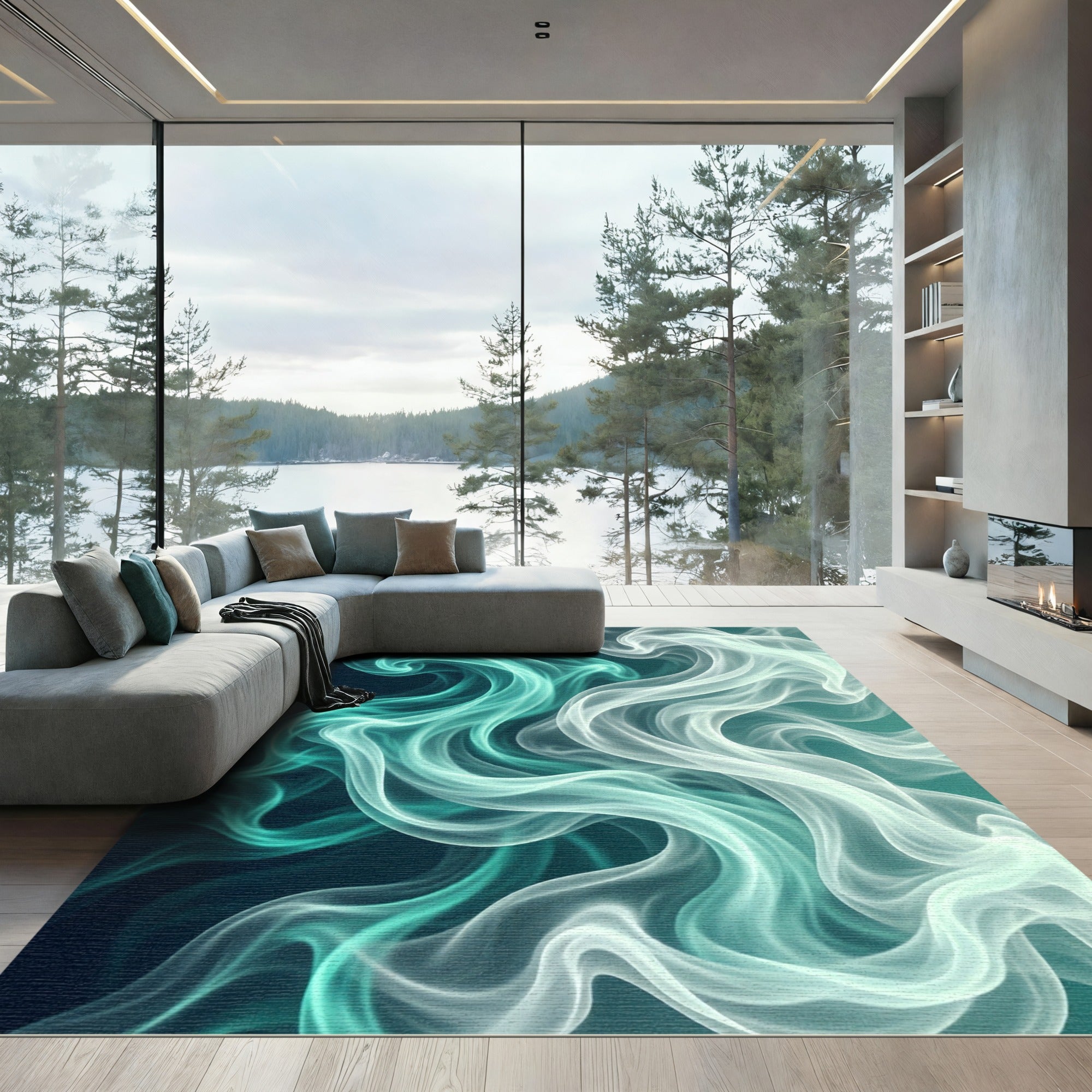 Teal White Ethereal Swirls Aura Rug