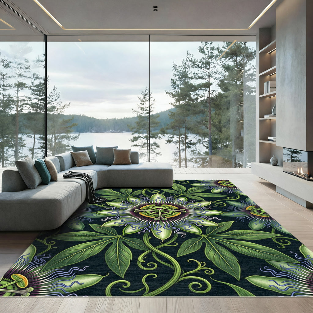 Dark Botanical Passion Flower Vines Rug