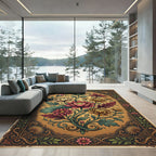 Ornate Crimson Lotus and Gold Chrysanthemum Composition Rug