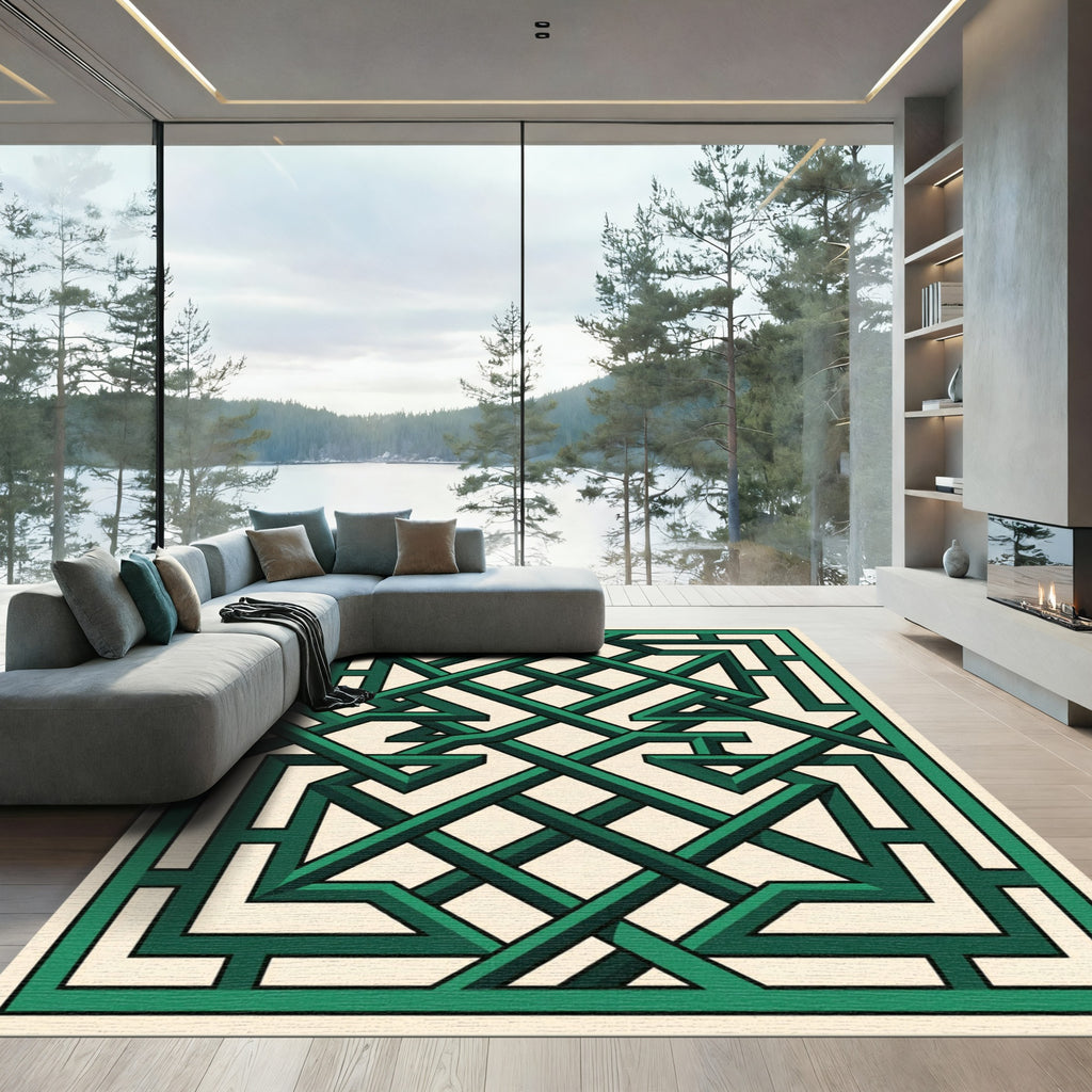 Emerald Interlocking Lattice Geometric Art Rug
