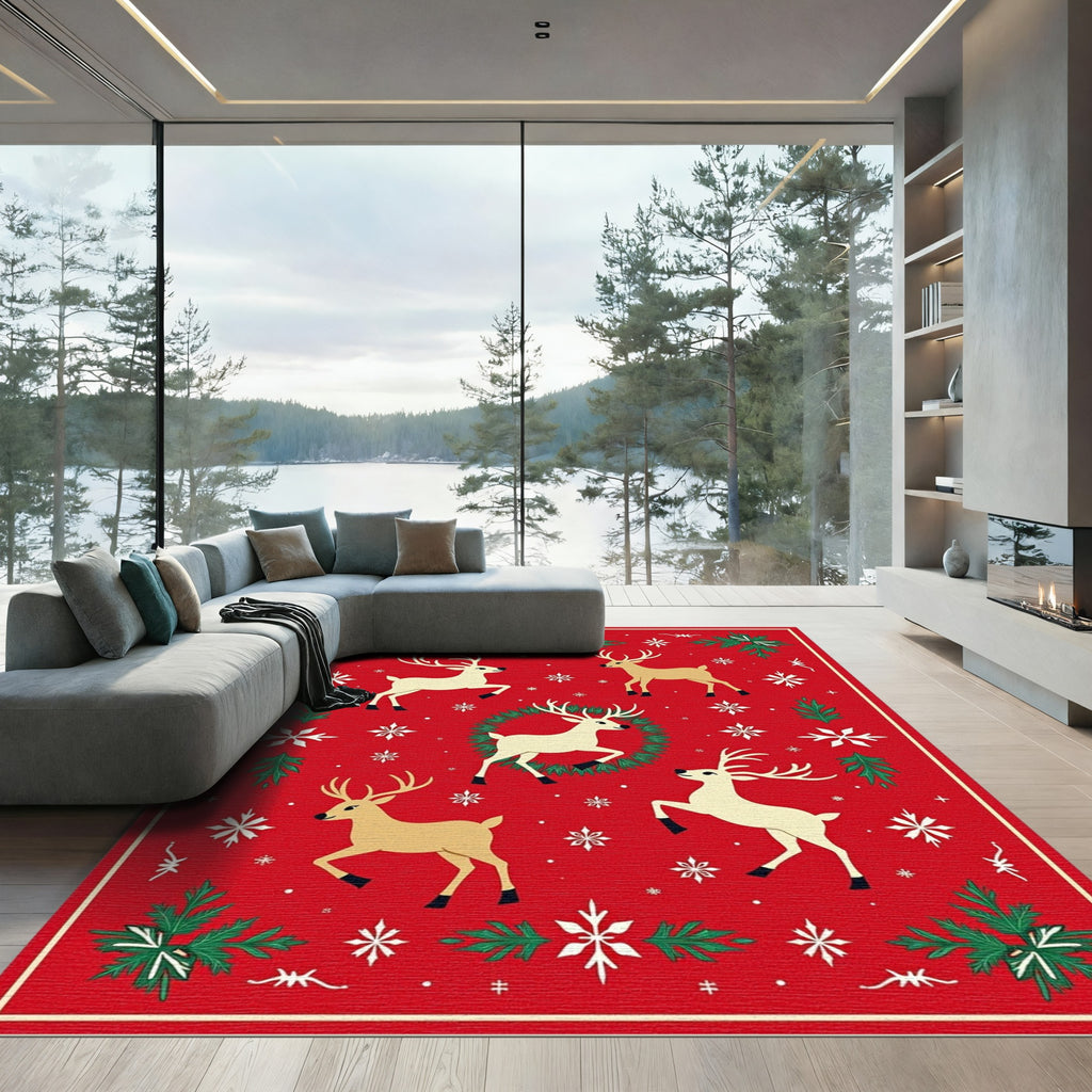 Red Whimsical Reindeer Snowflakes Holiday Rug