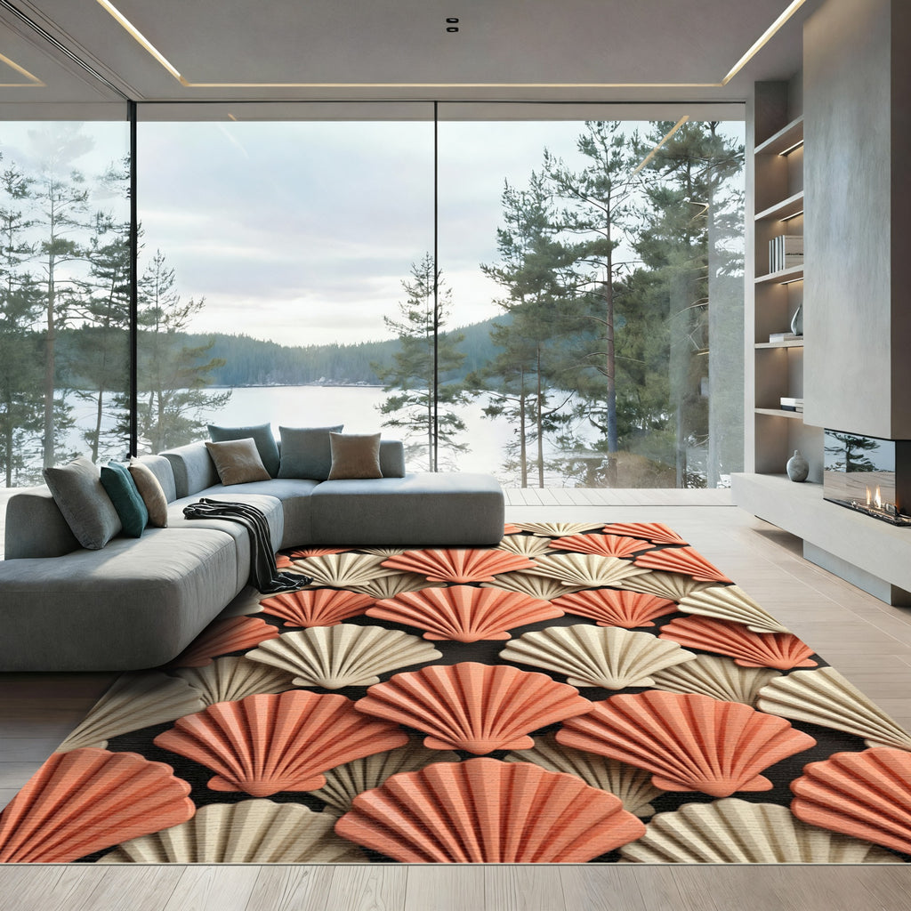 Coral and Cream Scalloped Shell Tiles Rug