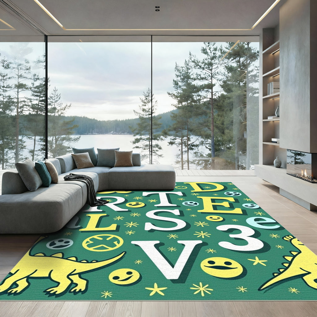 Yellow Dinosaurs White Letters Green Rug