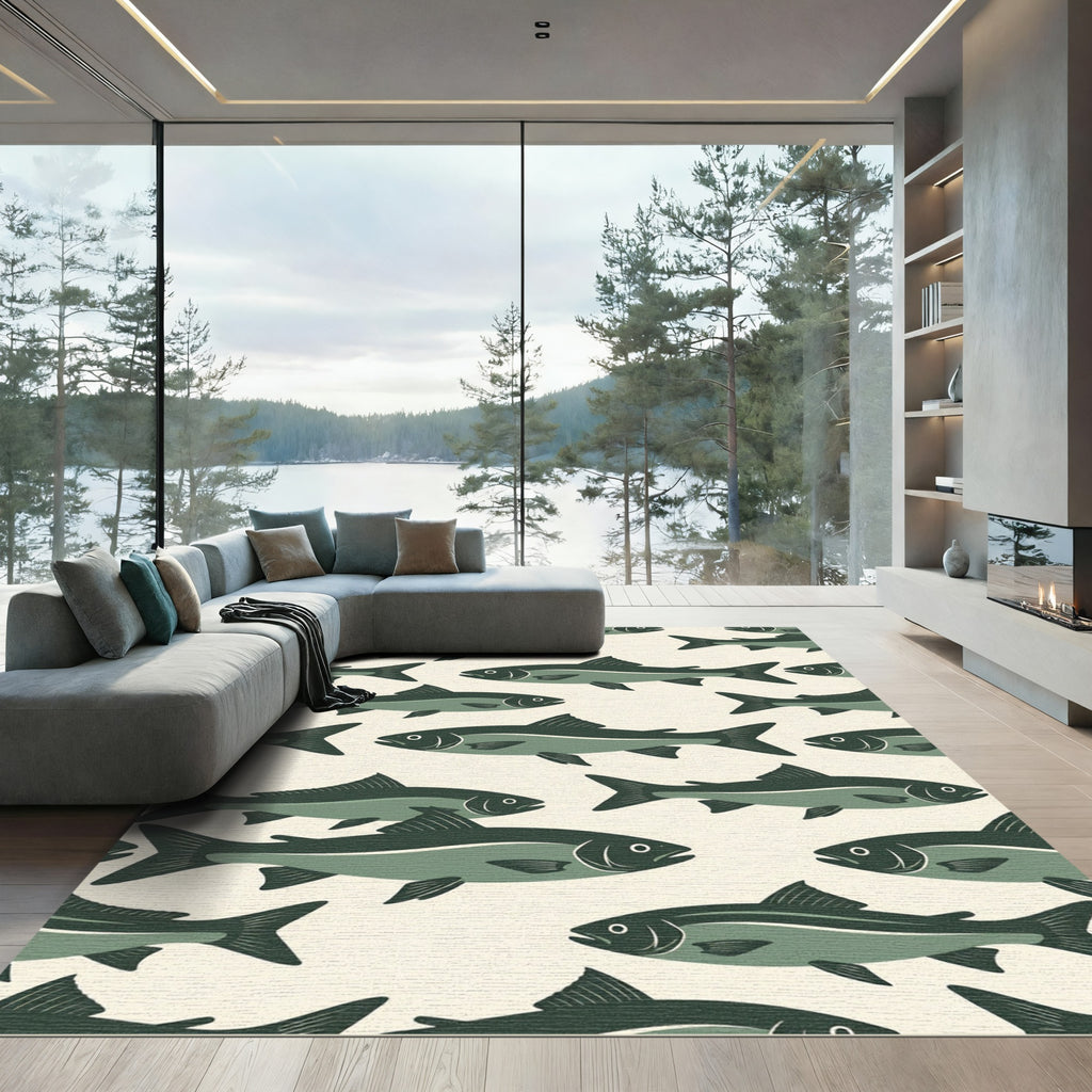 Mid-Century Modern Sage Green Fish School Rug