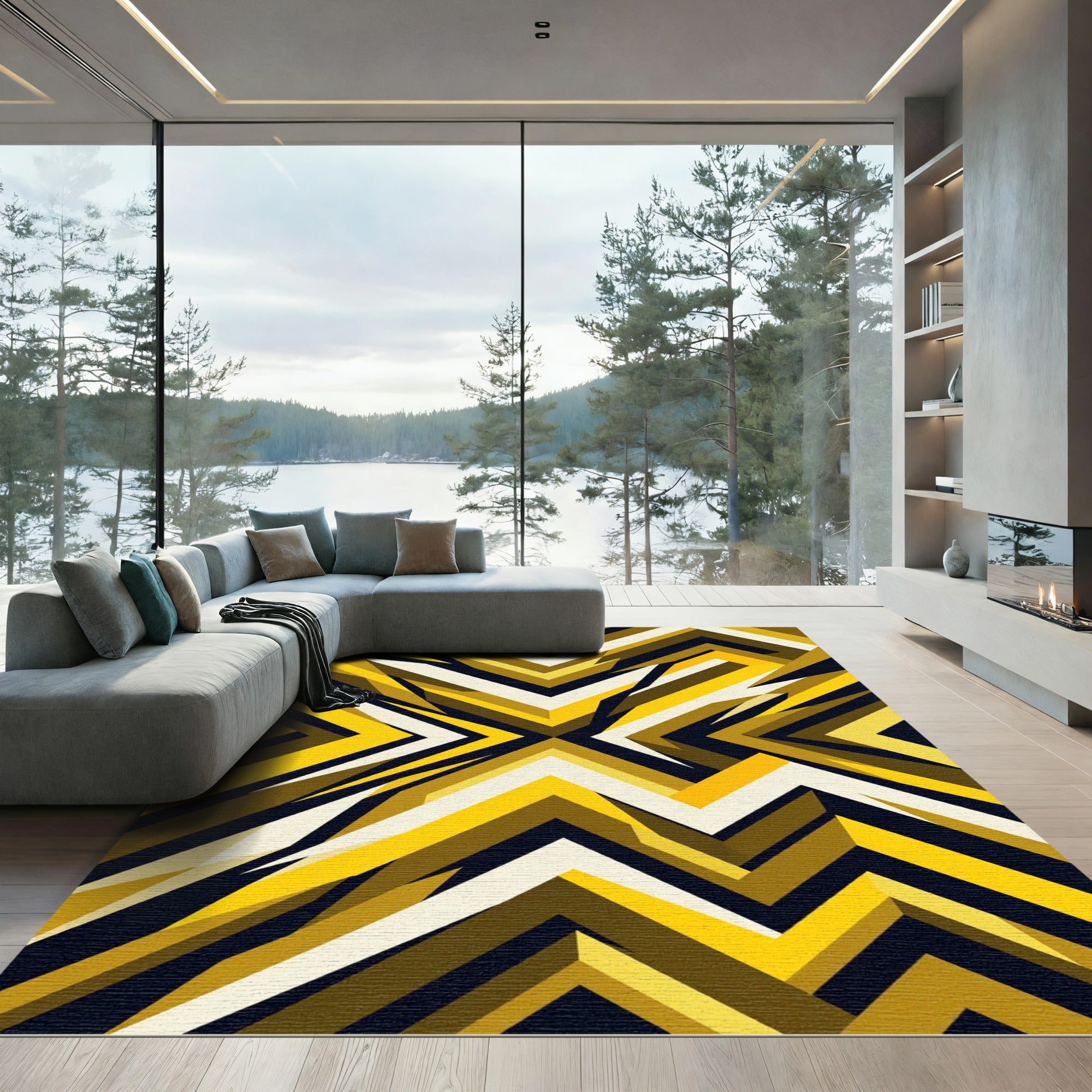 Bold Golden Geometric Angular Abstract Rug