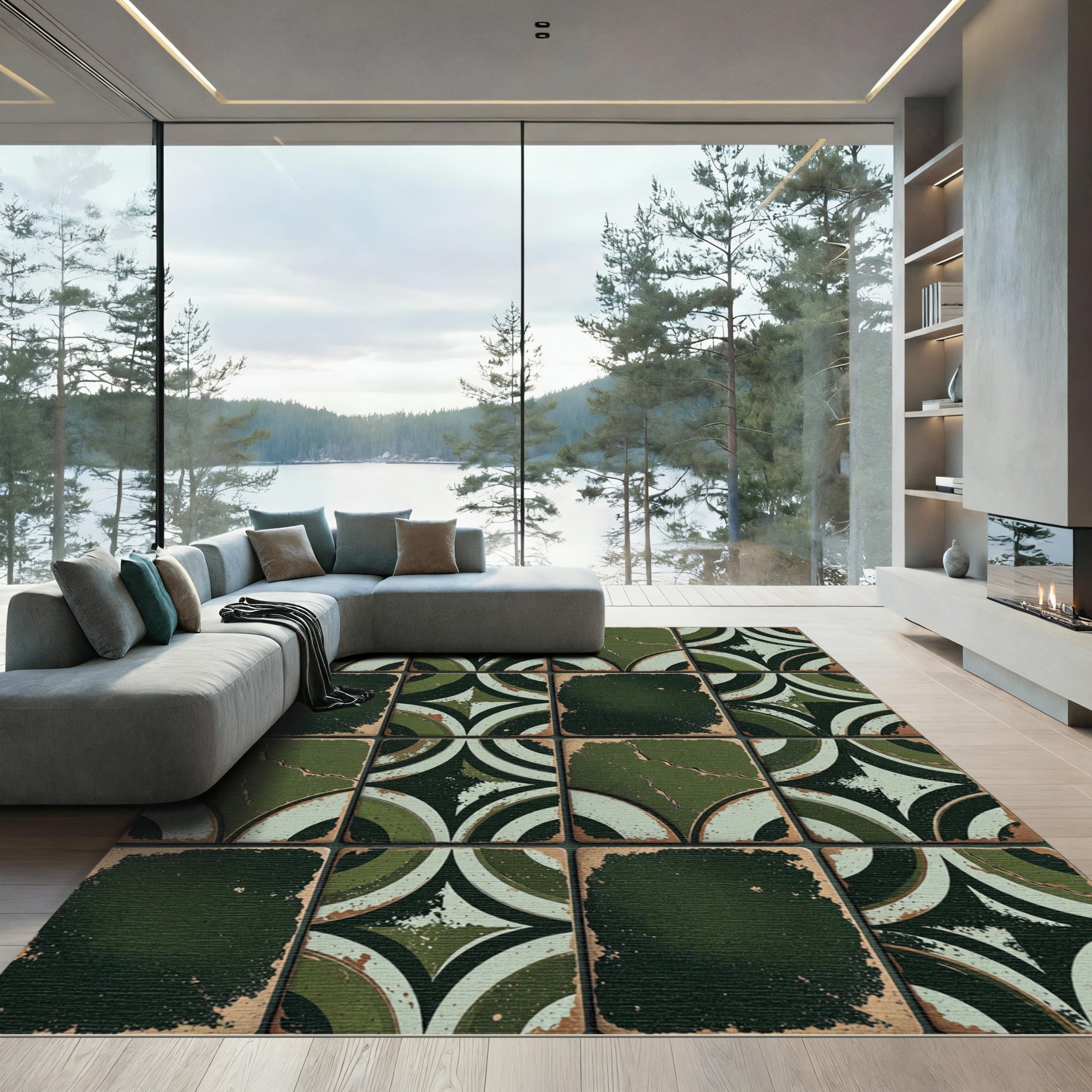 Midcentury Forest Green Geometric Arc Tile Rug