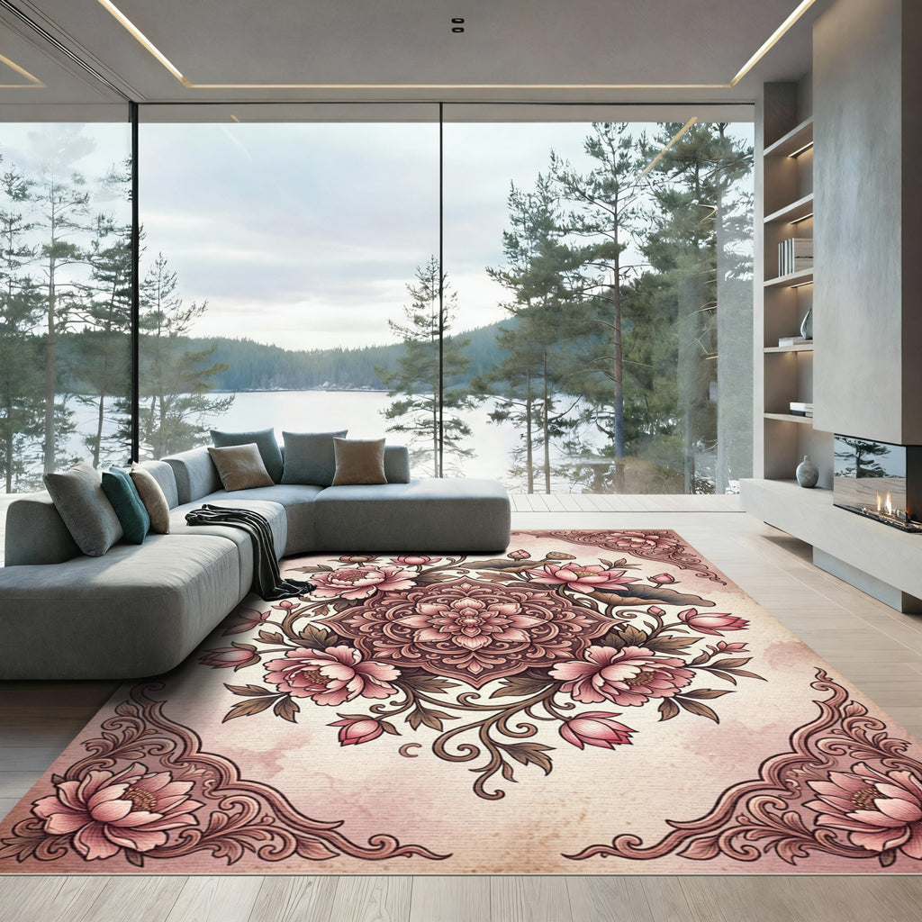 Blush Pink Floral Lotus Medallion Rug