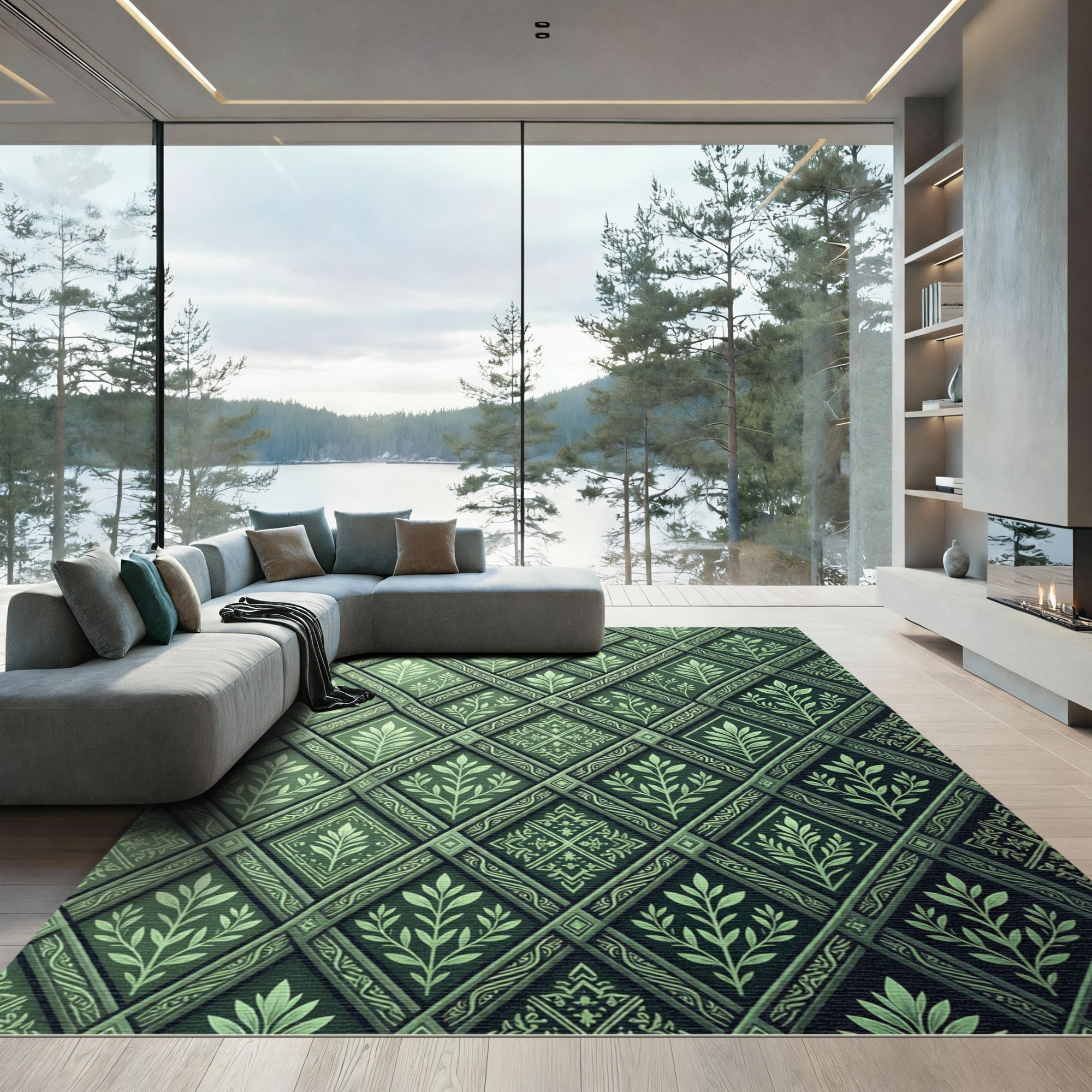 Emerald Green Feline Vine Diamond Rug