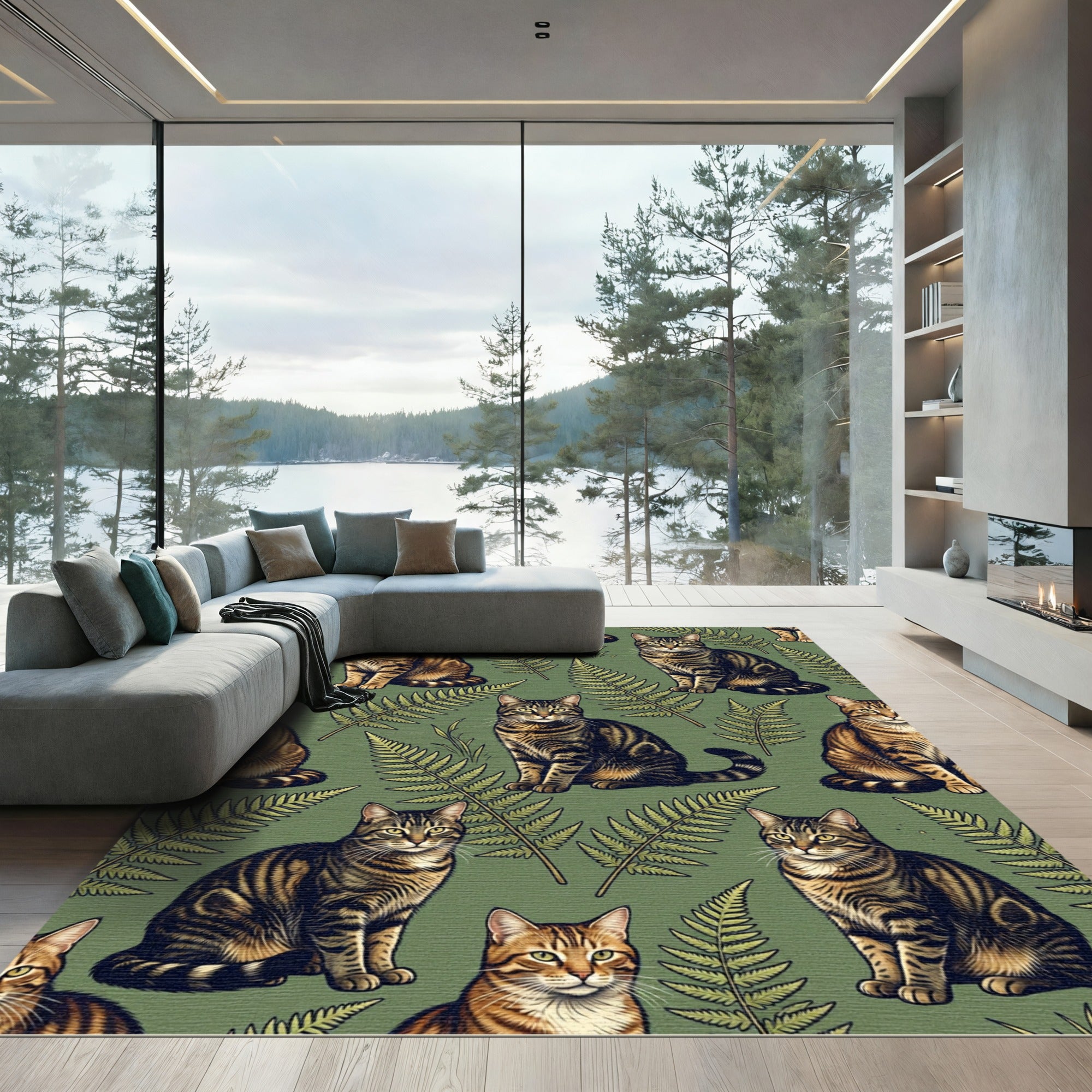 Tabby Cats Fern Garden Pattern Rug