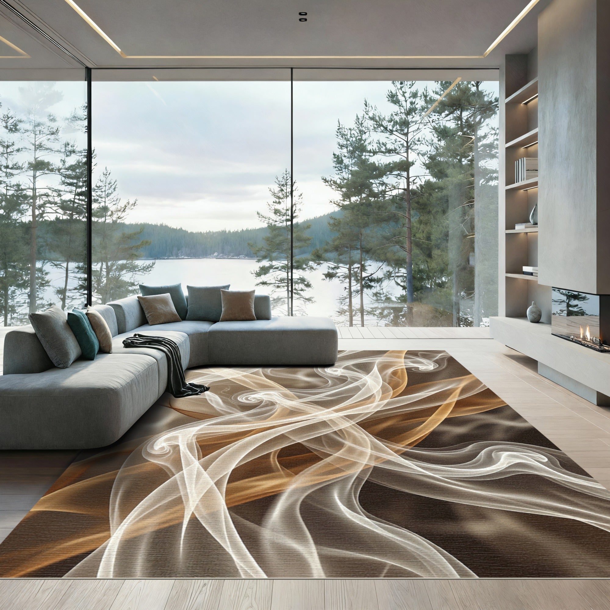 Ethereal Smoke Swirls Gold Cream Rug