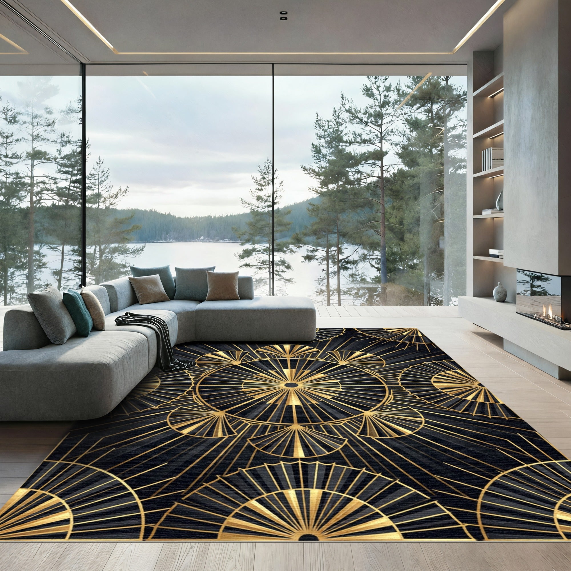 Art Deco Golden Fan Geometric Black Rug