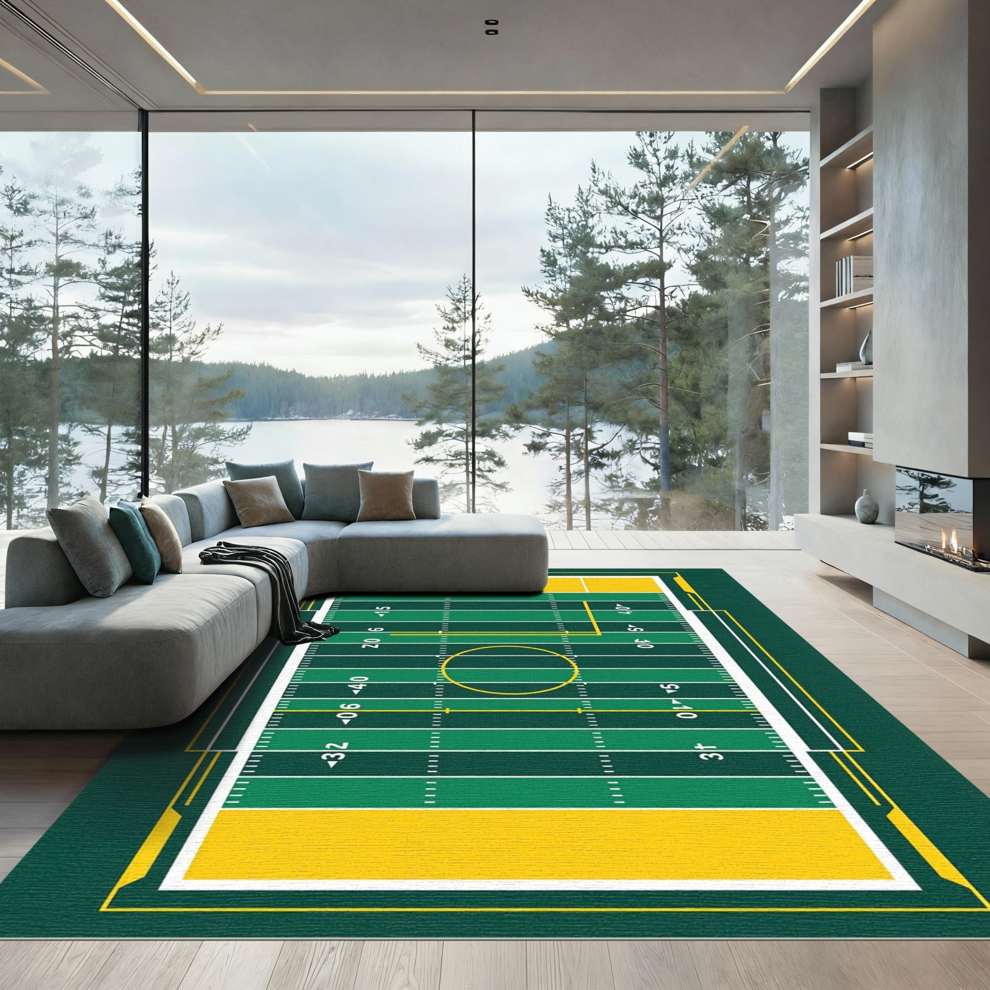 Green and Yellow Gridiron Field Line Rug