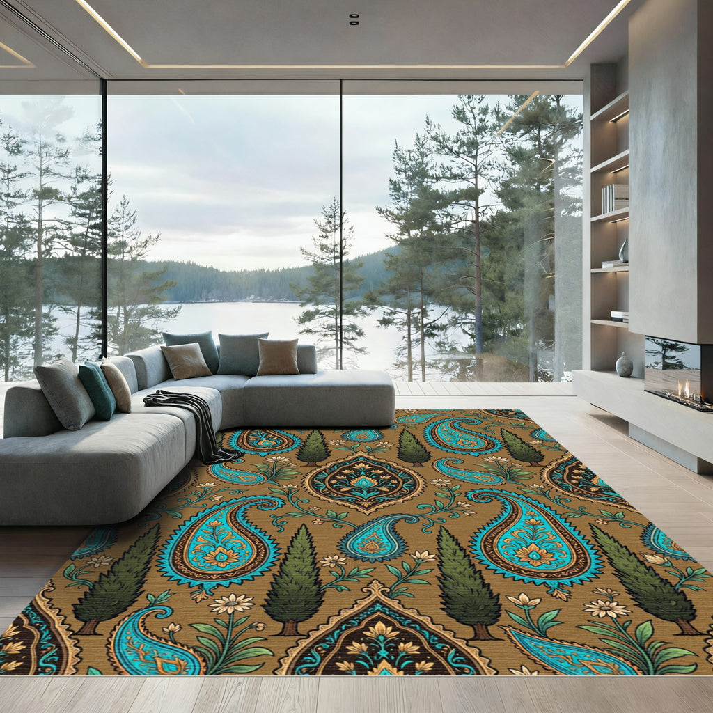 Teal Paisley Botanical Cypress Woodland Rug