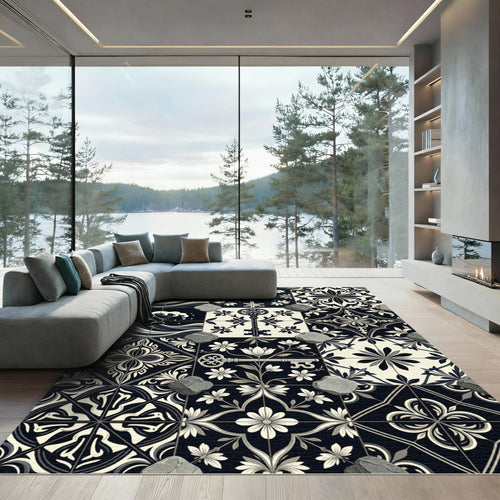 Black Cream Vintage Key Floral Tiles Rug