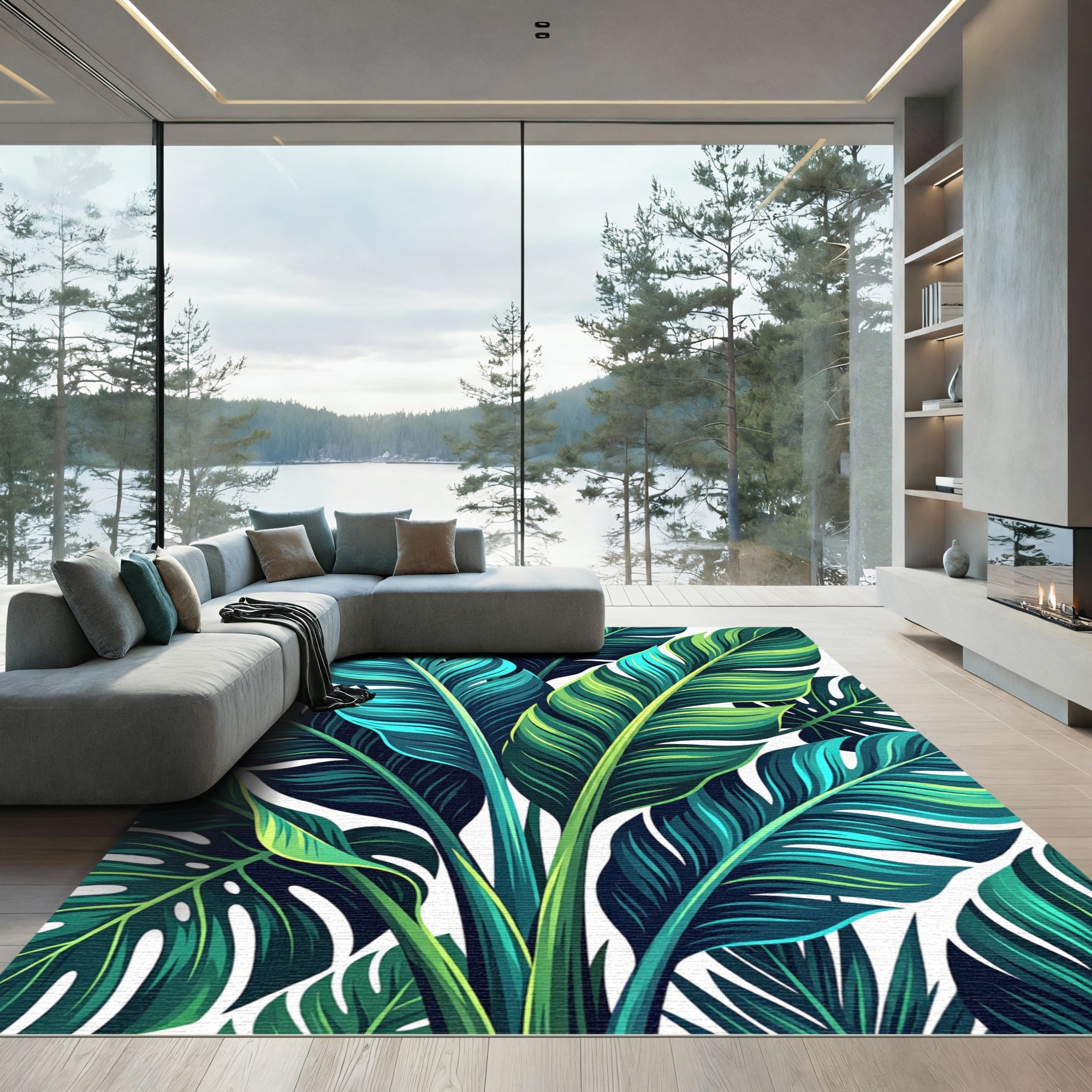 Emerald Teal Tropical Leaf Canopy Rug