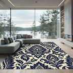 Deep Navy Cream Damask Floral Scroll Rug