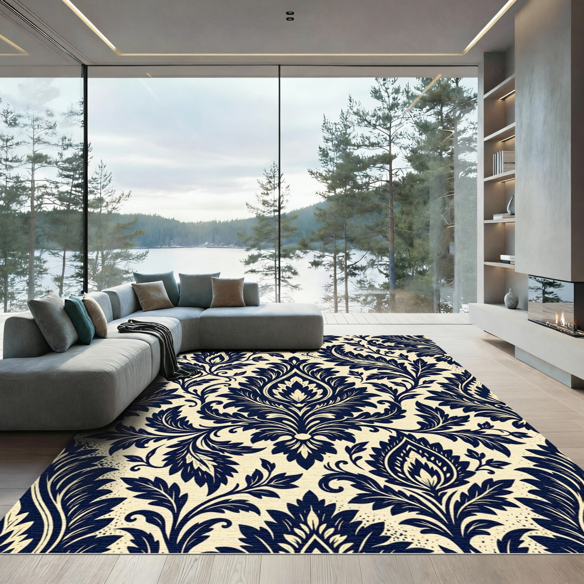 Deep Navy Cream Damask Floral Scroll Rug