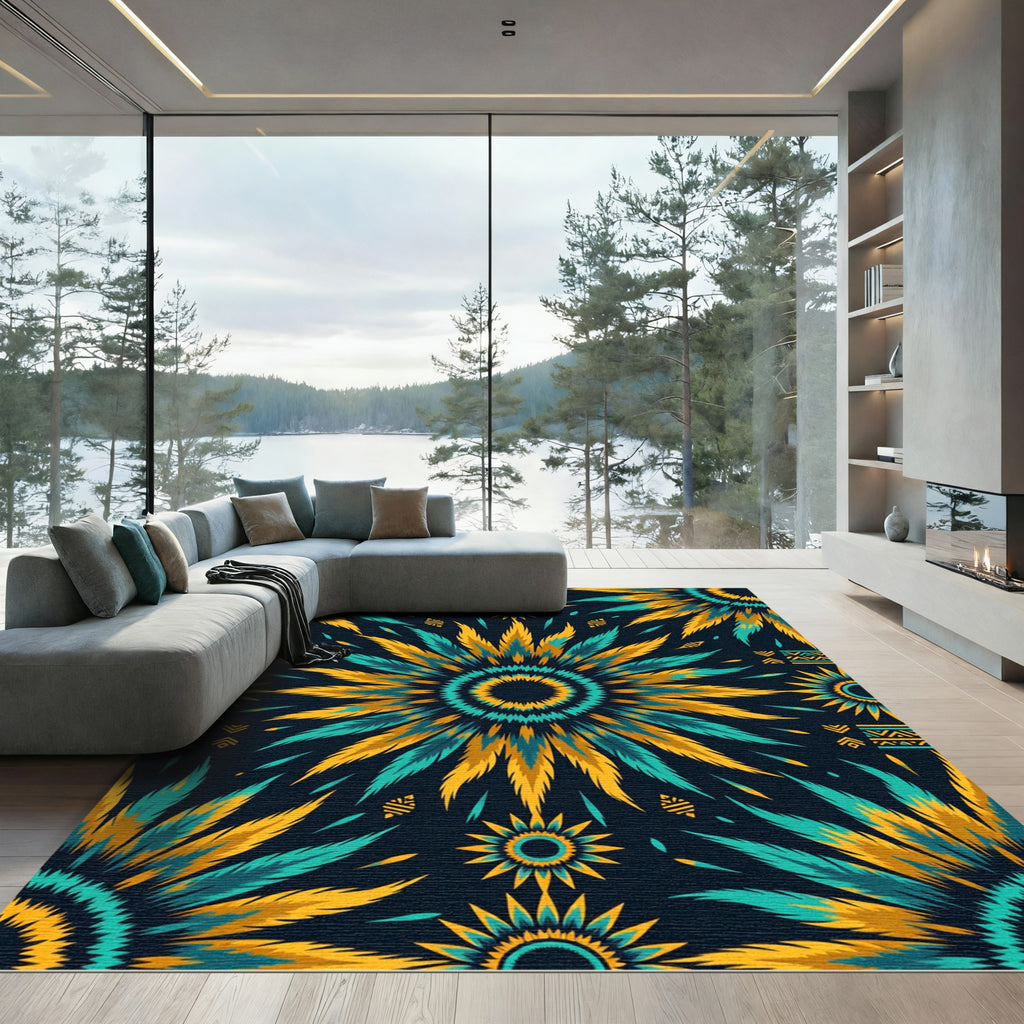 Turquoise Yellow Tribal Sunburst Rug