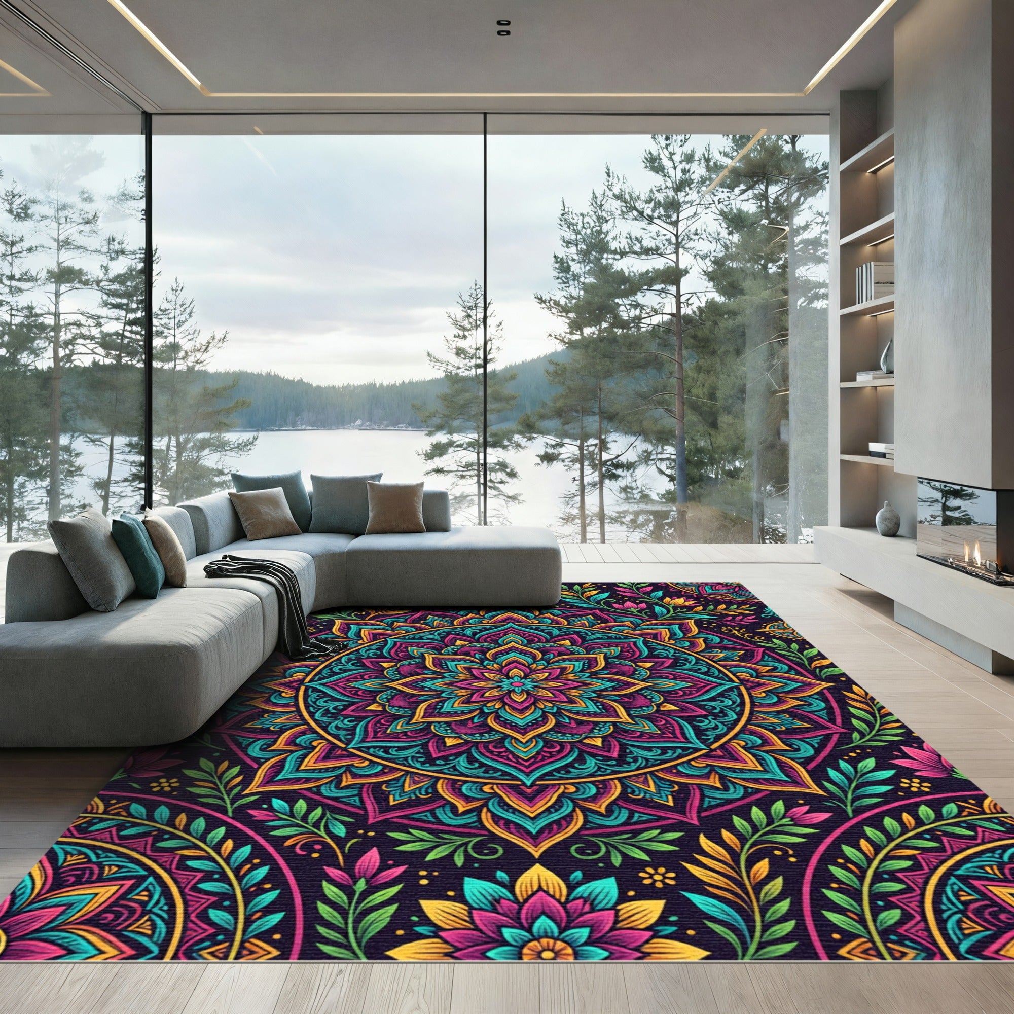 Vibrant Colorful Floral Mandala Medallion Rug