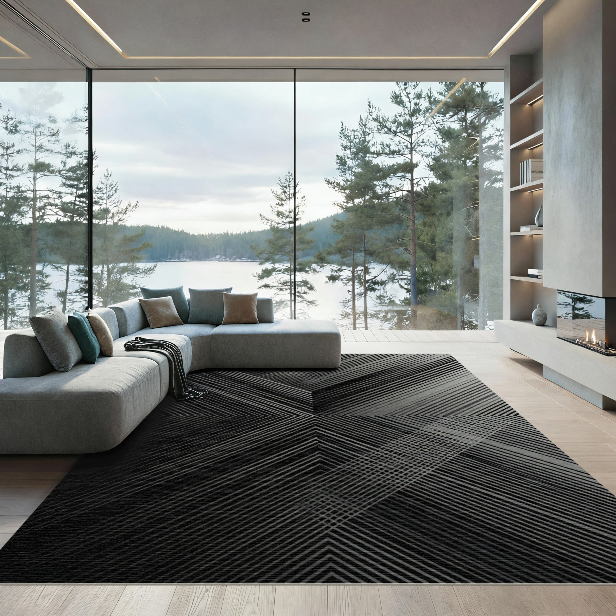 Sleek Black Geometric Chevron Stripe Rug