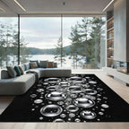 Monochrome Metallic Bubbles and Floating Currency Rug