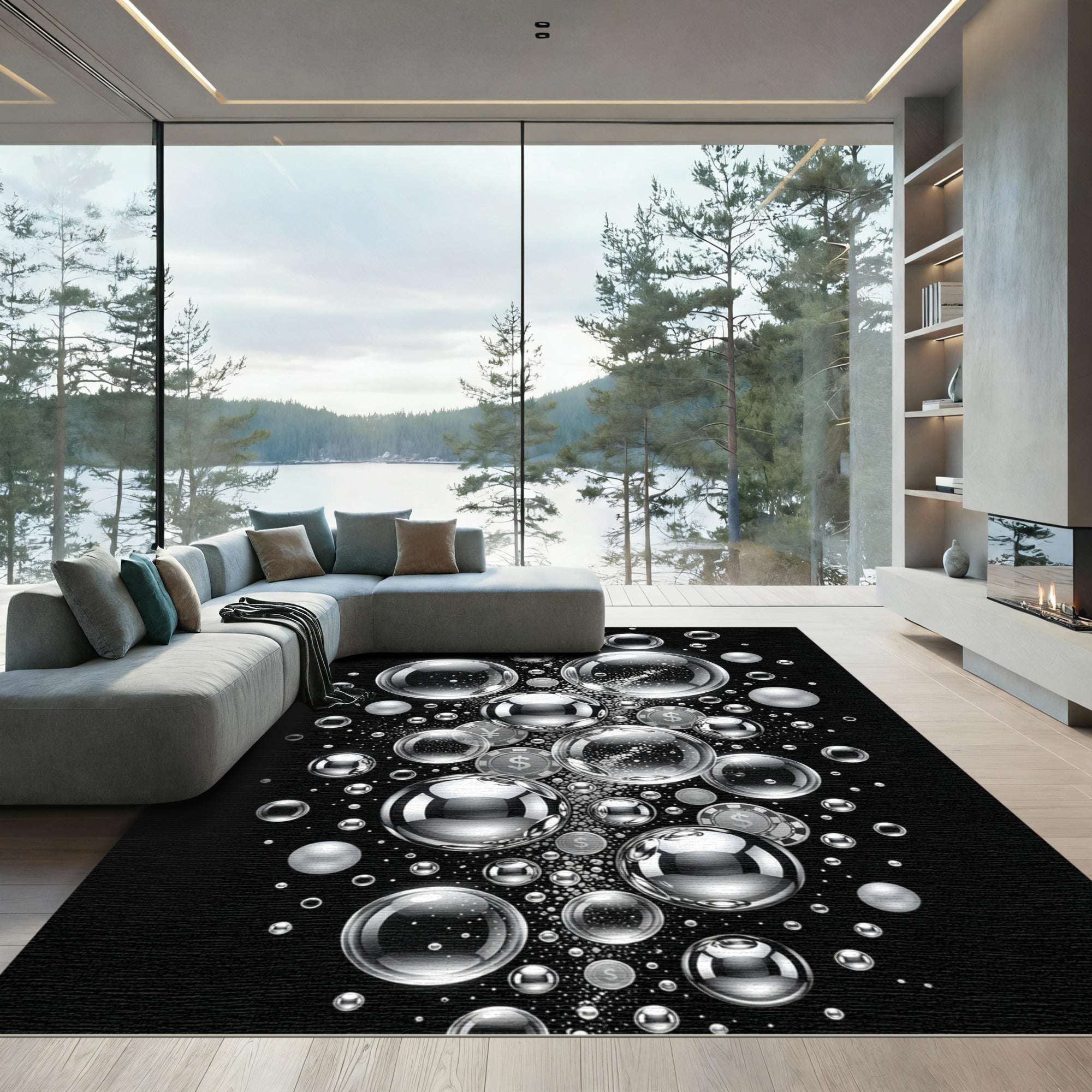 Monochrome Metallic Bubbles and Floating Currency Rug