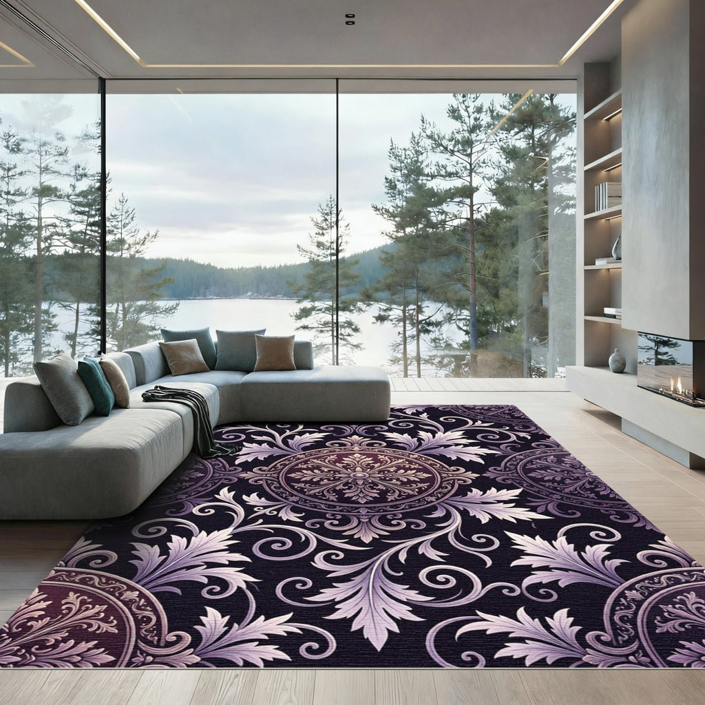 Ornate Purple Floral Scroll Medallion Rug