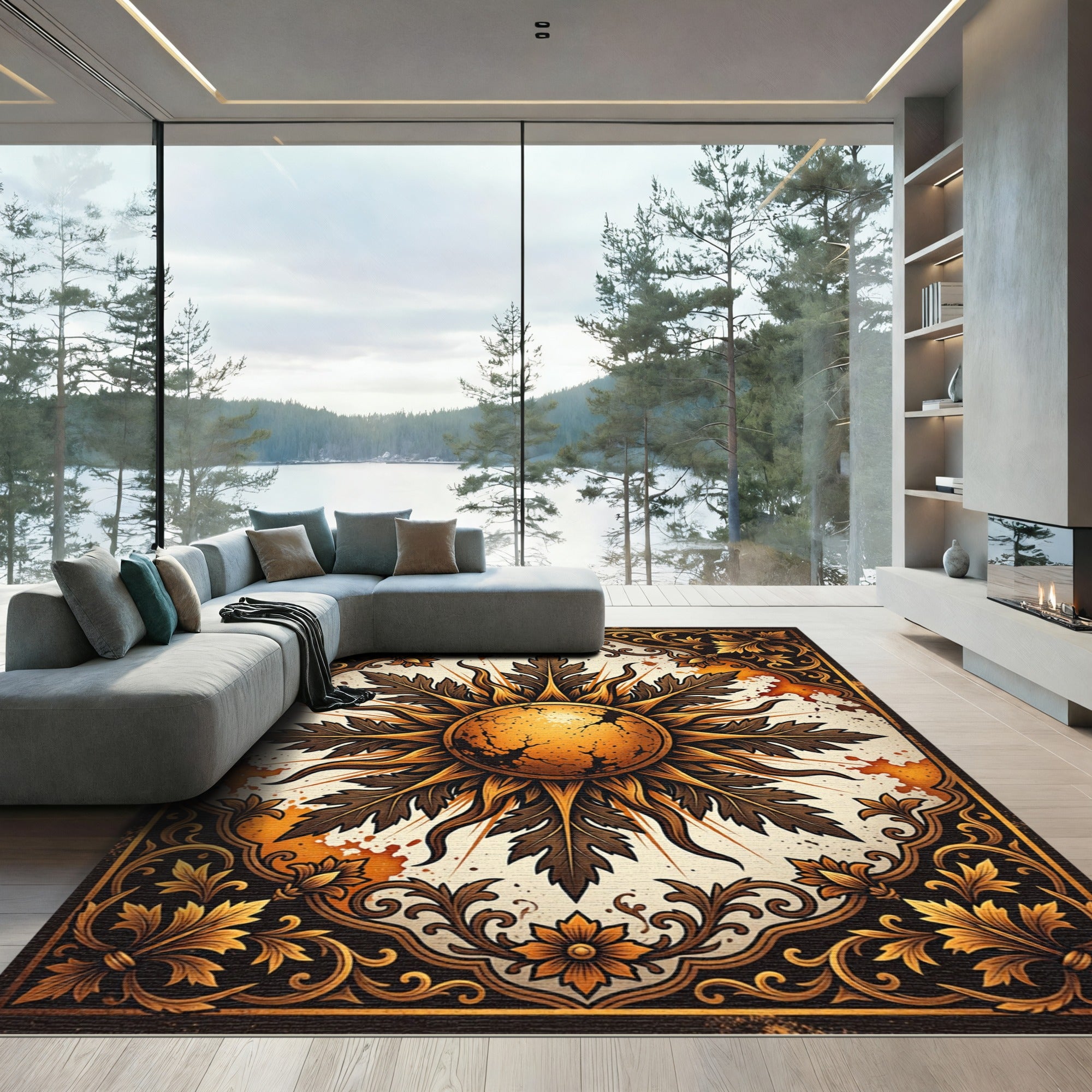 Gilded Sunburst Leaf Ornate Medallion Rug