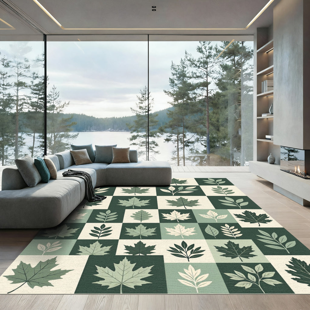 Sage Green Botanical Leaf Grid Rug