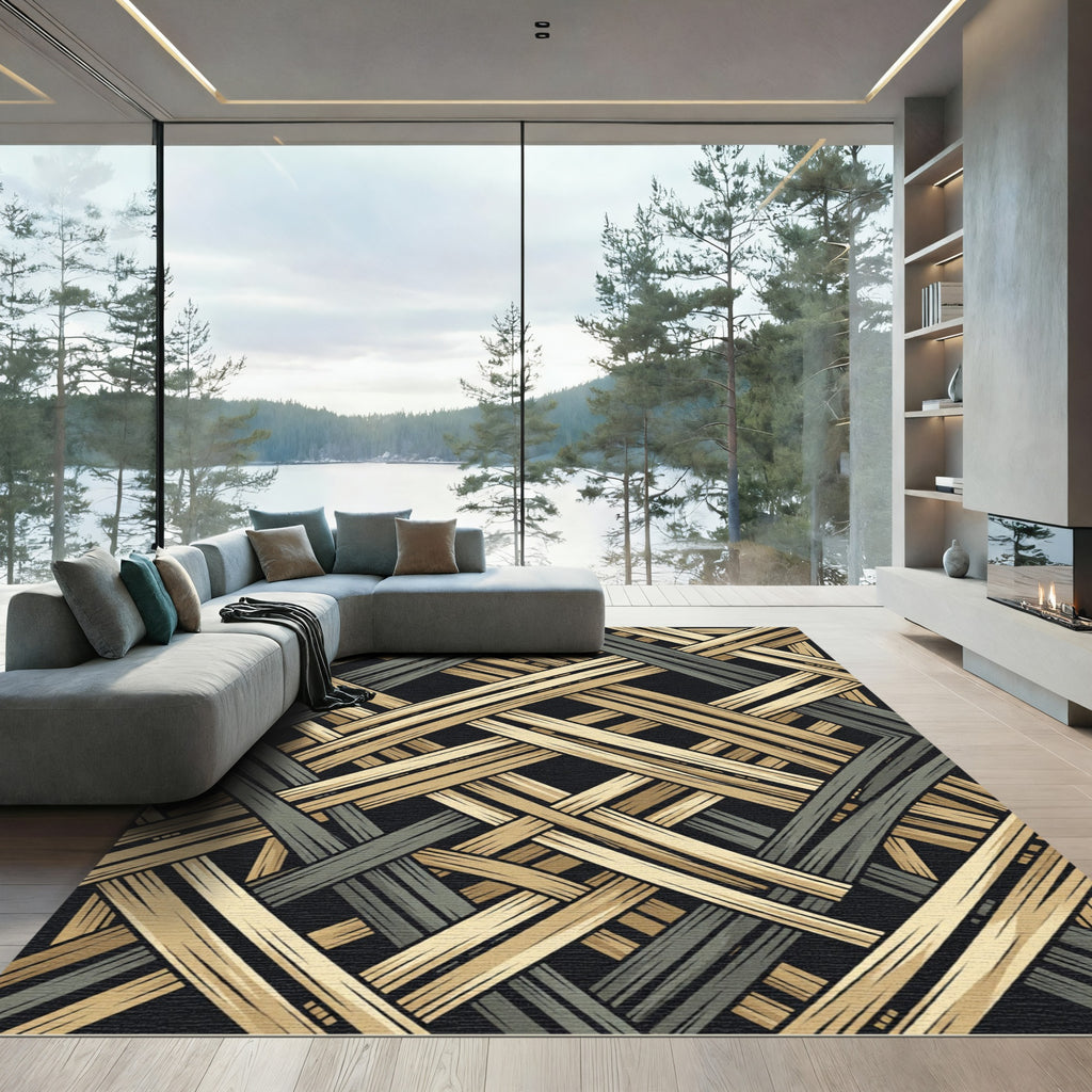 Interlocking Gold and Charcoal Geometric Lines Rug