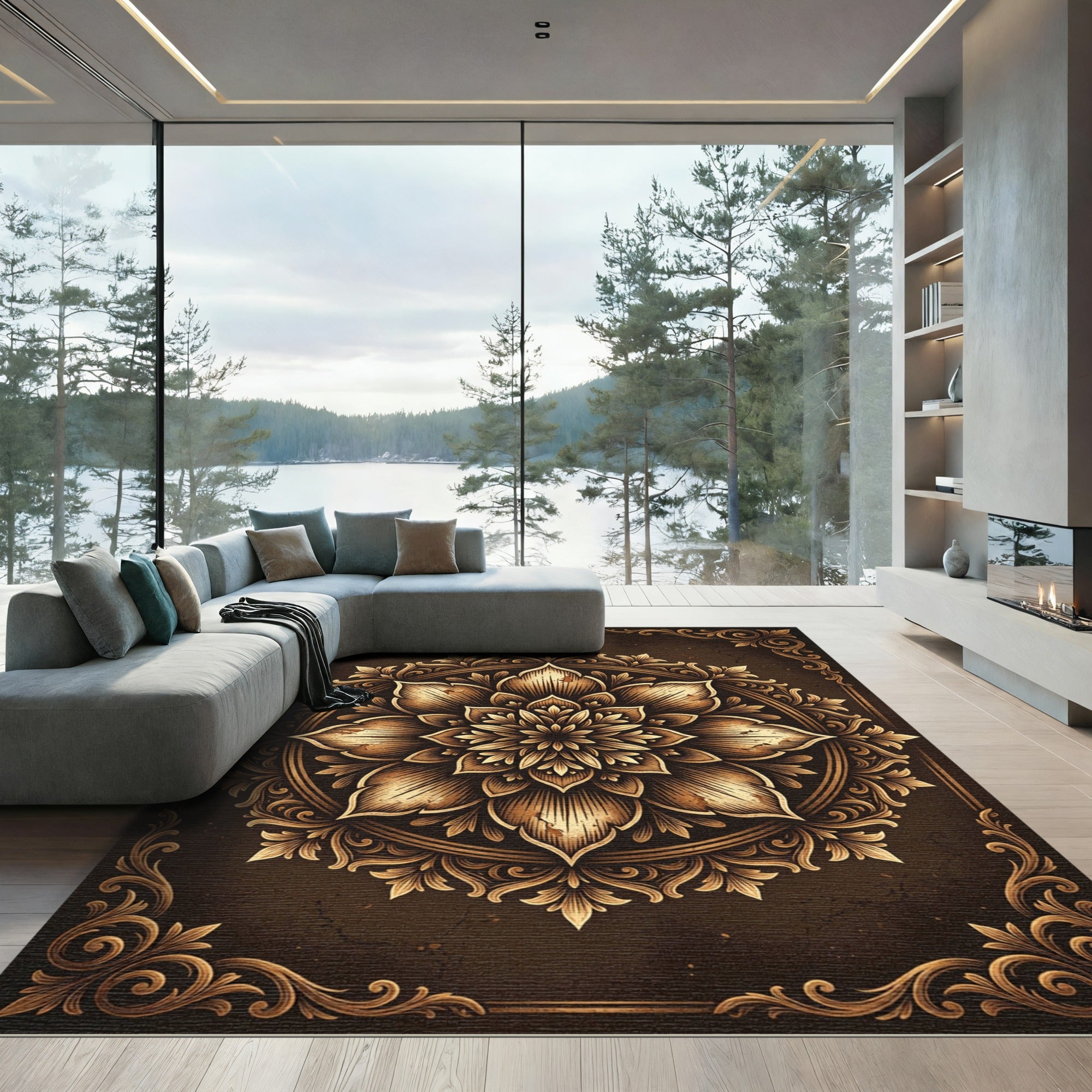 Vintage Ornate Bronze Lotus Medallion Rug