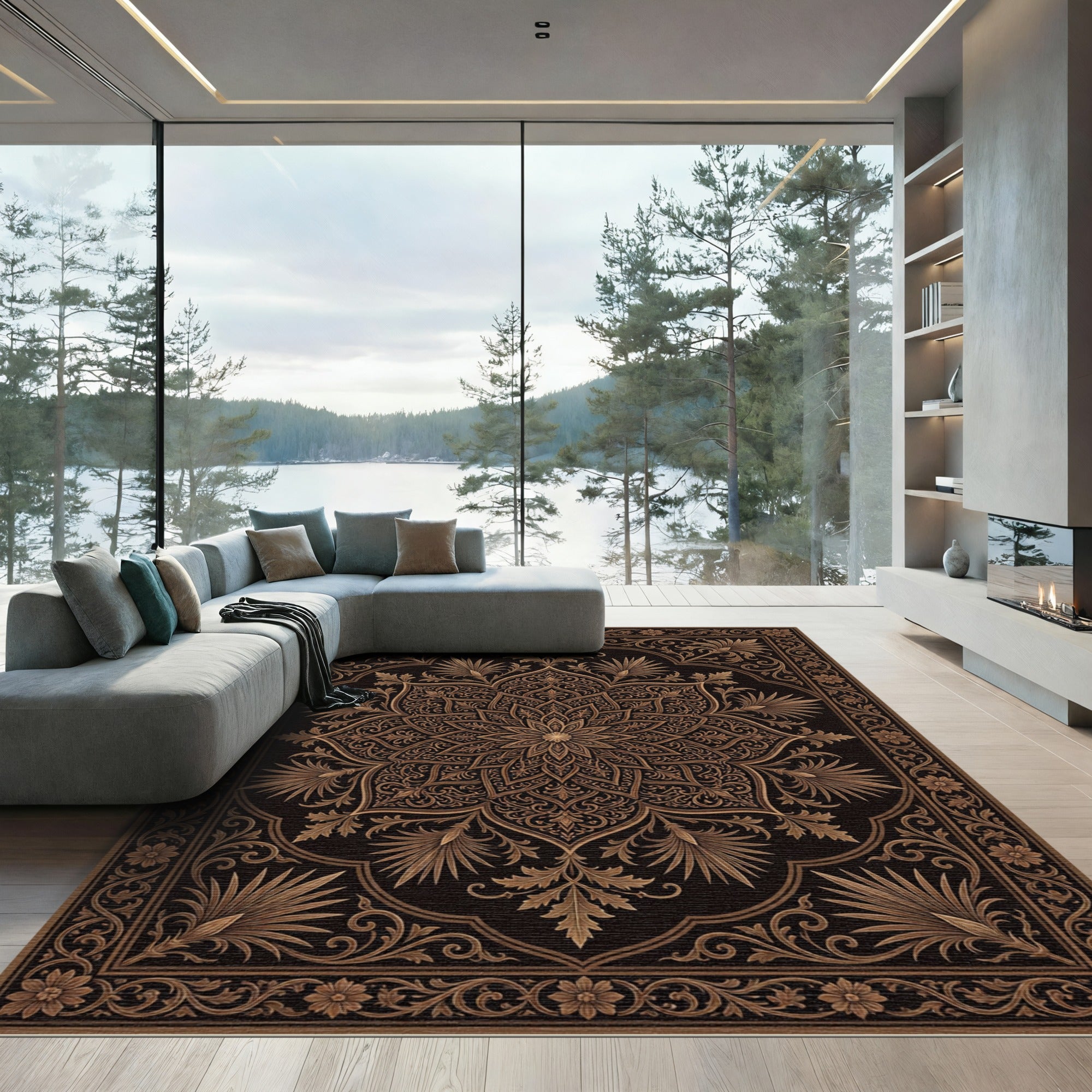 Elegant Bronze Floral Medallion Scroll Rug