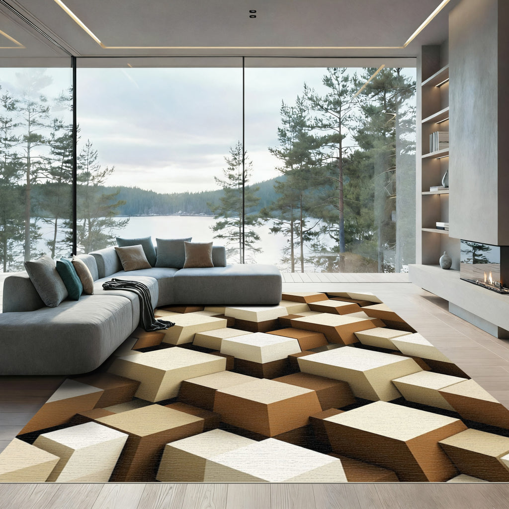 Abstract Geometric Cube Earth Tone Rug