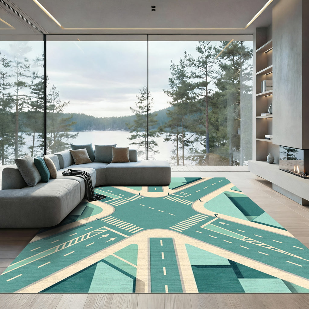 Geometric Teal Urban Intersection Grid Rug