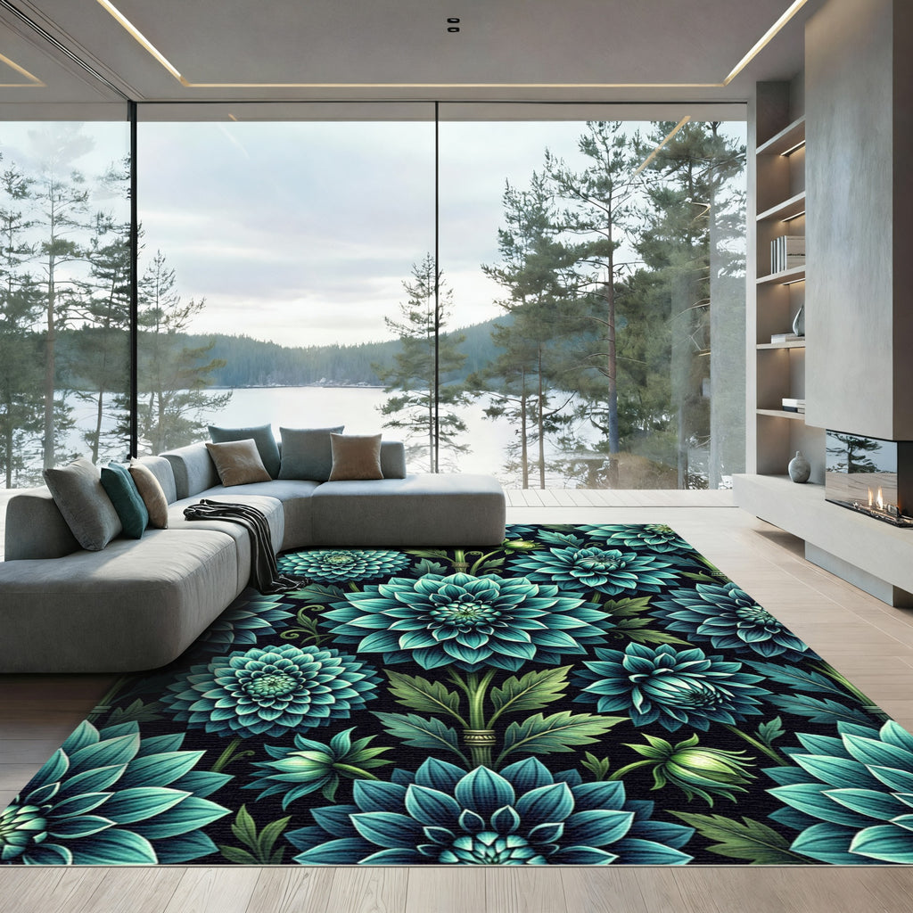 Teal Botanical Dhalia Blooms Rug