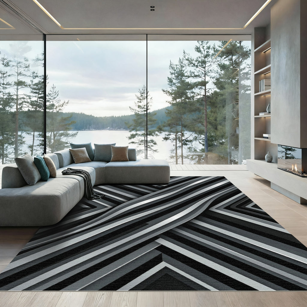 Monochrome Diagonal Striped Ribbon Rug