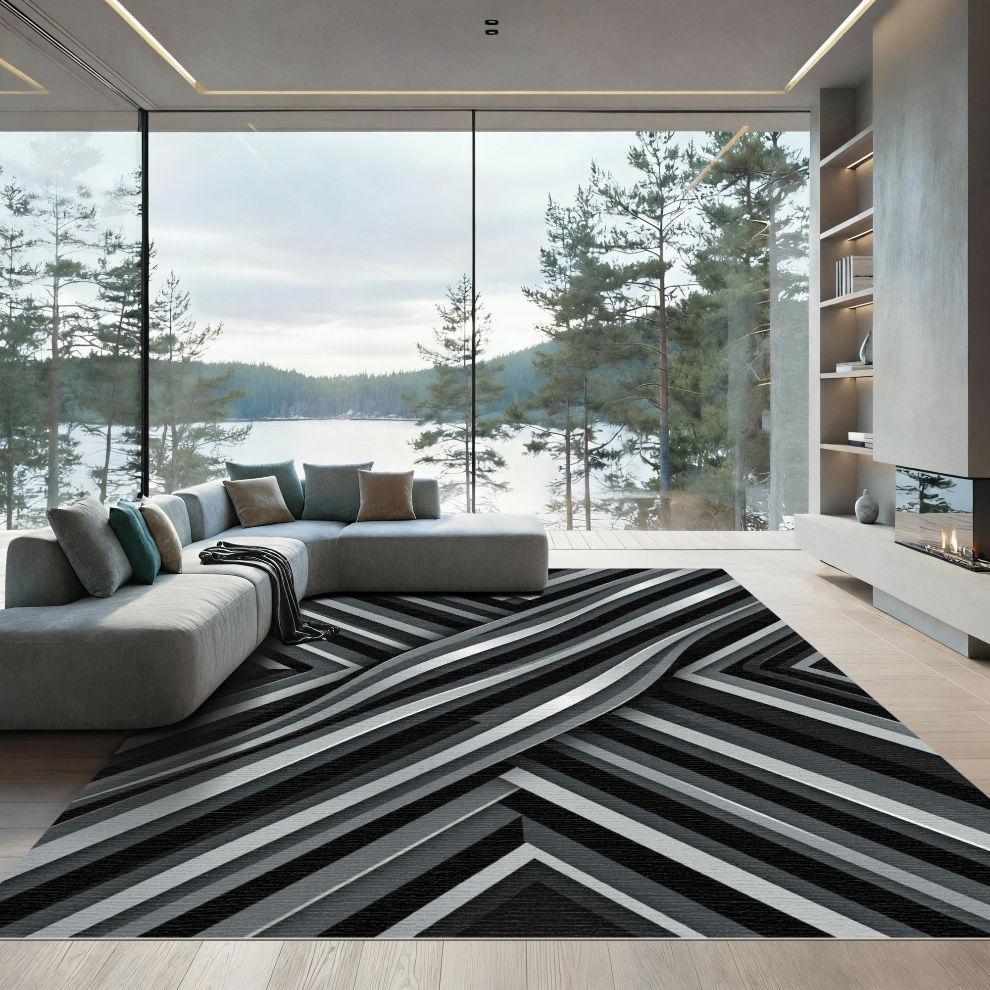 Monochrome Diagonal Striped Ribbon Rug
