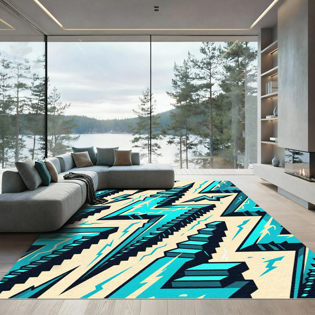 Electric Blue Geometric Lightning Staircase Rug