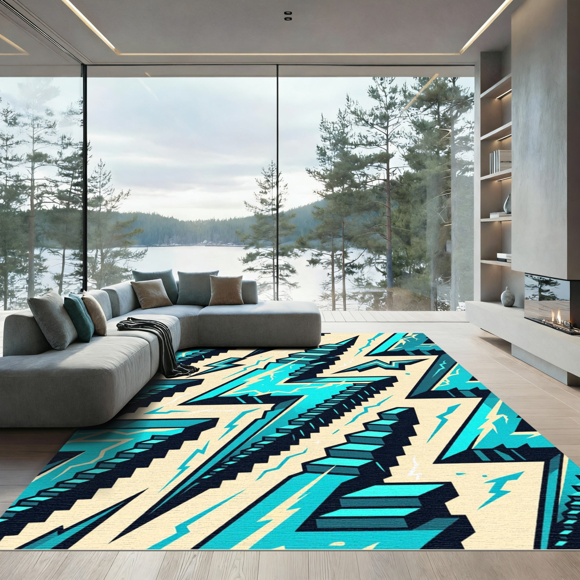 Electric Blue Geometric Lightning Staircase Rug