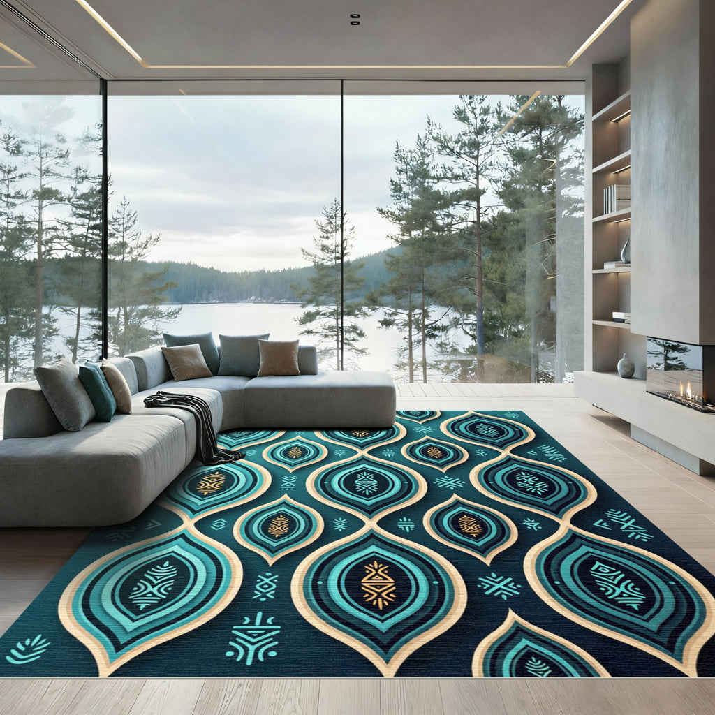 Teal Turquoise Layered Almond Medallion Rug