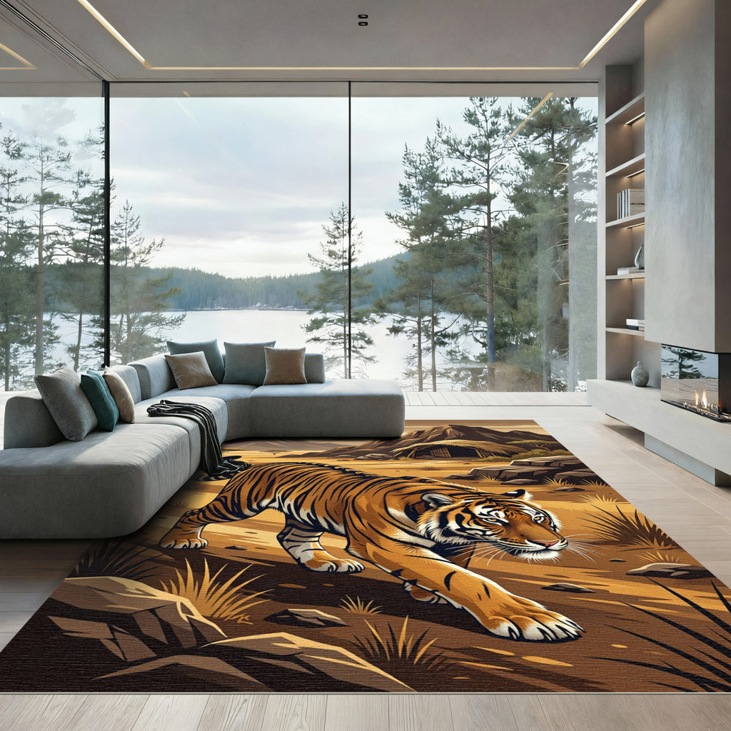 Majestic Tiger Savannah Woodland Scene Rug